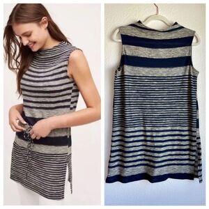Anthropologie Dolan Striped Mock Neck Tunic in Navy & Gray - Size M Petite